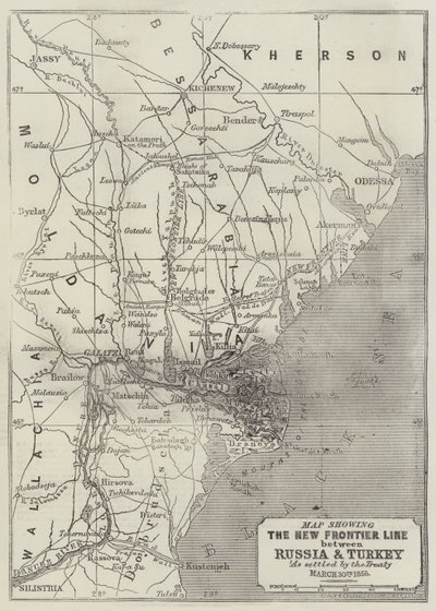 Karte mit der neuen Grenzlinie zwischen Russland und der Türkei, wie im Vertrag vom 30. März 1856 festgelegt von John Dower